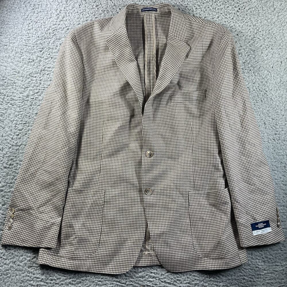 Hart Schaffner Marx Sport Coat 46R Brown Houndstooth New York Fit Wool Blazer